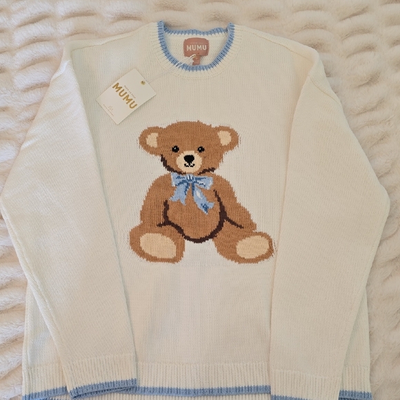 Show Me Your MuMu Sweaters - Show Me Your MuMu Cream Knit Sweater with Brown Teddy and Light Blue Trim